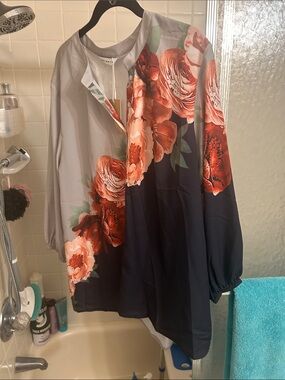 Floral Split-Color Long Sleeve Blouse - Gray & Navy